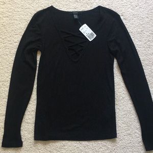 Forever 21 black rib v cross neck top, XS, NWT